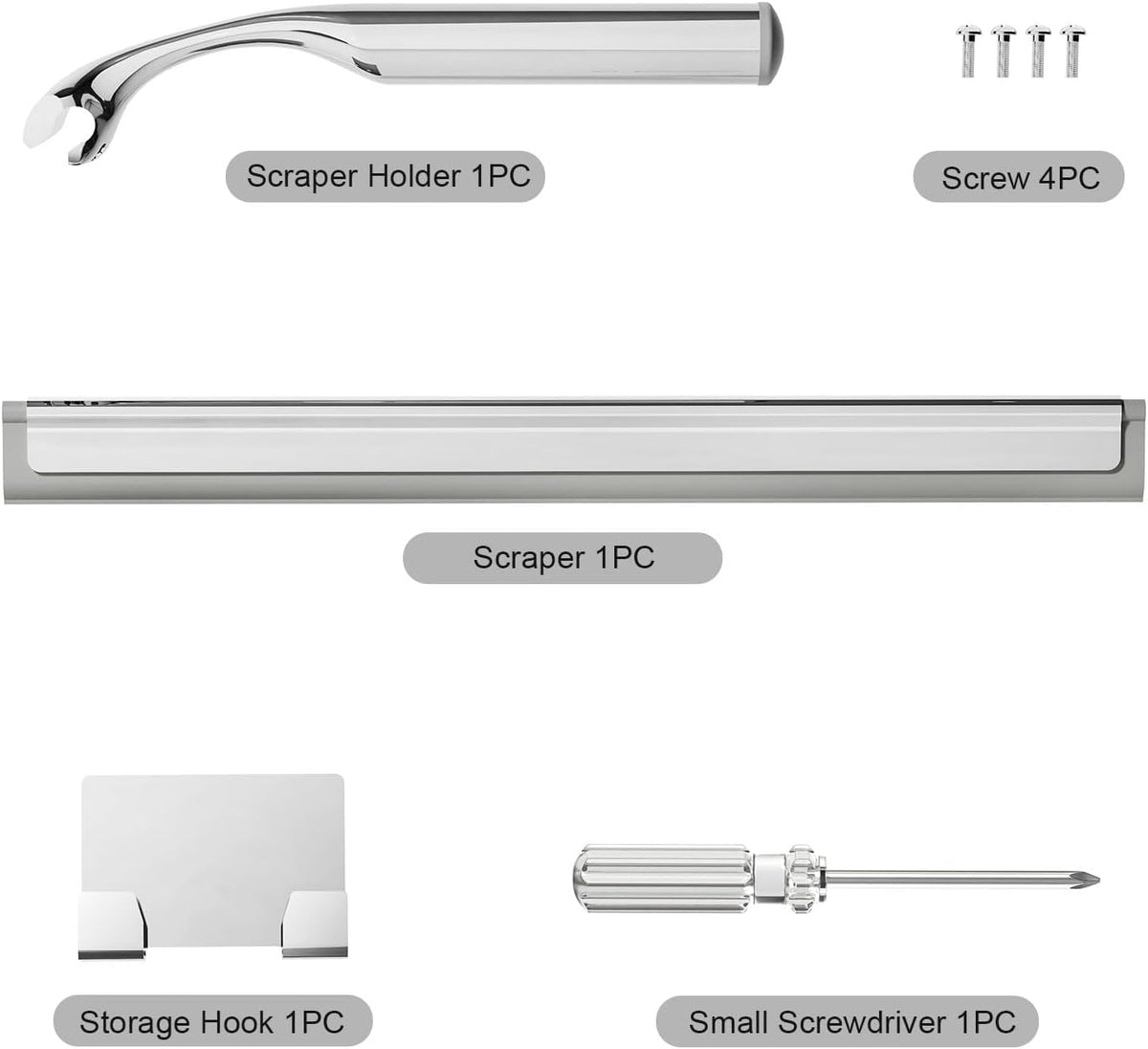 Shower Squeegee for Glass Doors, Stainless Steel Shower Squeegee for Bathroom, Window and Tiles, All-Purpose Squeegee with Adhesive Hook-10β, Chrome