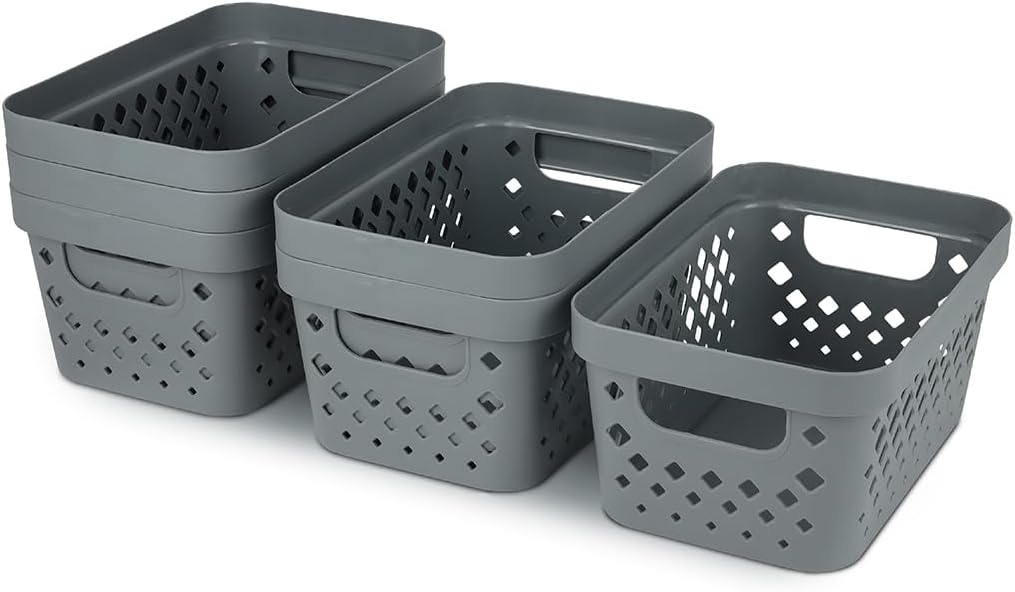 Glad Plastic Baskets for Organizing, Set of 6 | Pantry Storage for Under Counter, Linen Closet, and Bathroom | Nesting Shelf Bins with Handles, 1 Gallon, Grey