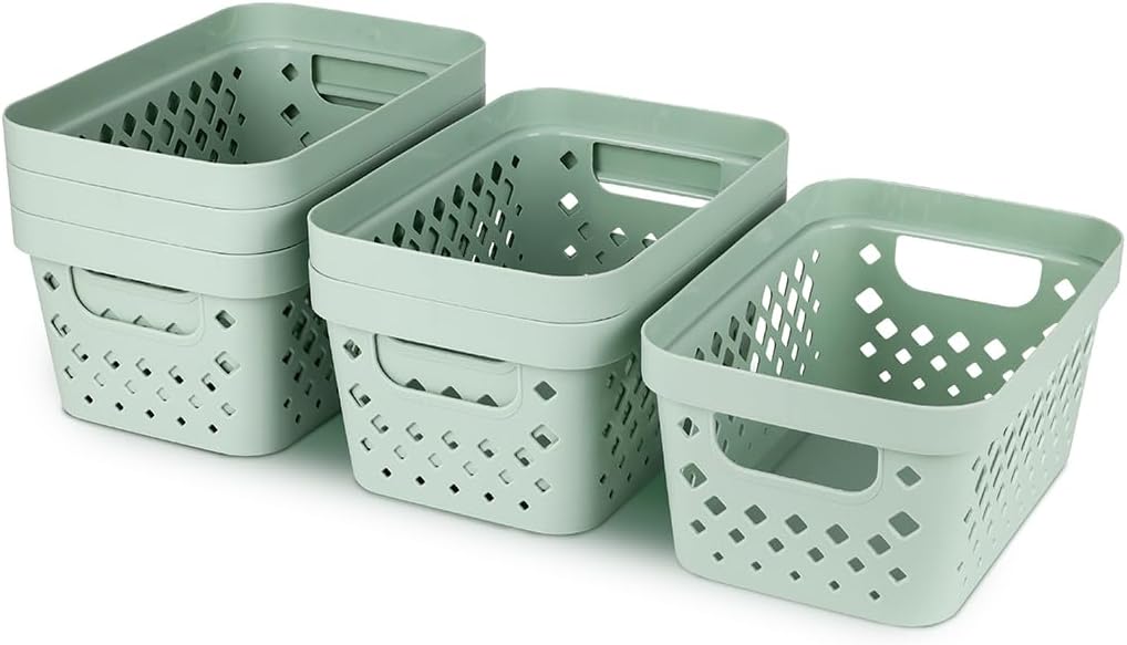 Glad Plastic Baskets for Organizing, Set of 6 | Pantry Storage for Under Counter, Linen Closet, and Bathroom | Nesting Shelf Bins with Handles, 1 Gallon, Sage
