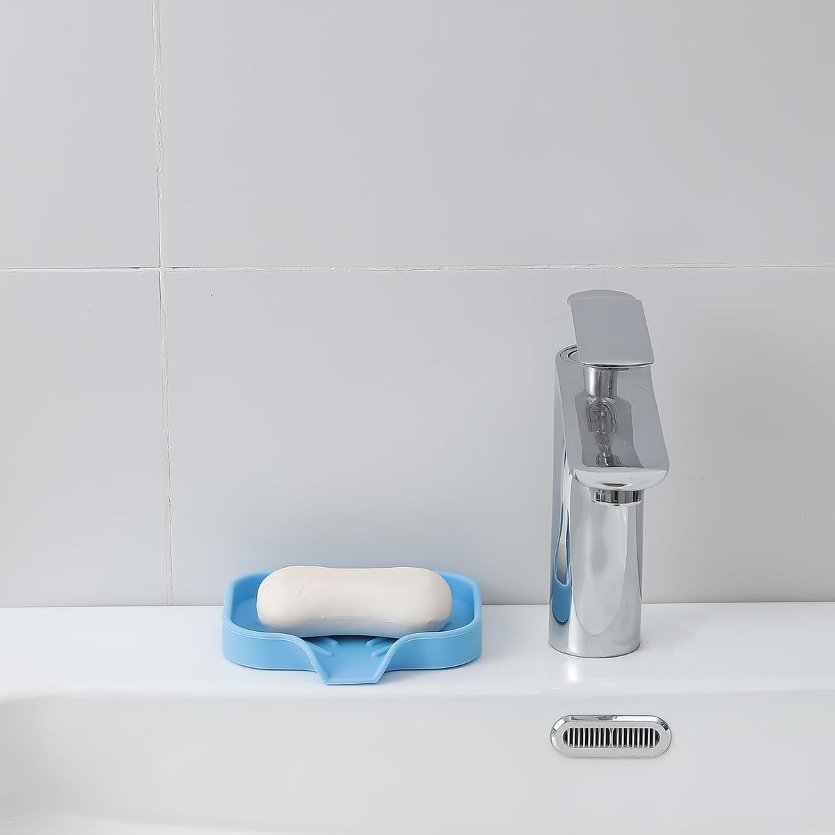 Silicone Bathroom Soap Dishes with Drain Spout-Bathroom and Kitchen Sink Organizer,Sponge Holder,Dish Soap Tray,Perfect for Dispenser,Scrubber,Bottle on Sink or Counter-Light Blue 4.9"Γ3.2"