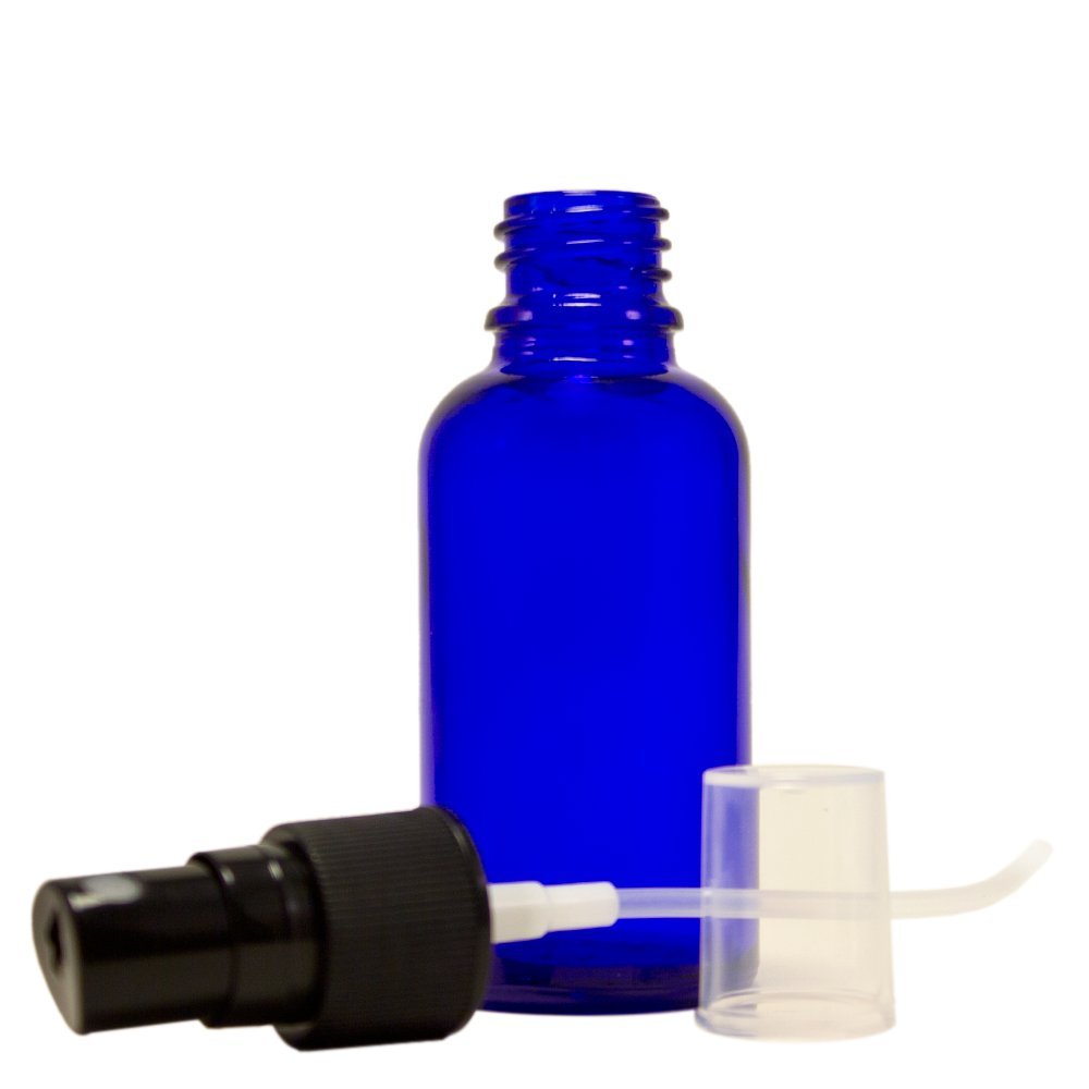 1 oz Cobalt Blue Boston Round Glass Bottle with Black Fine Mist Sprayer 12/bx