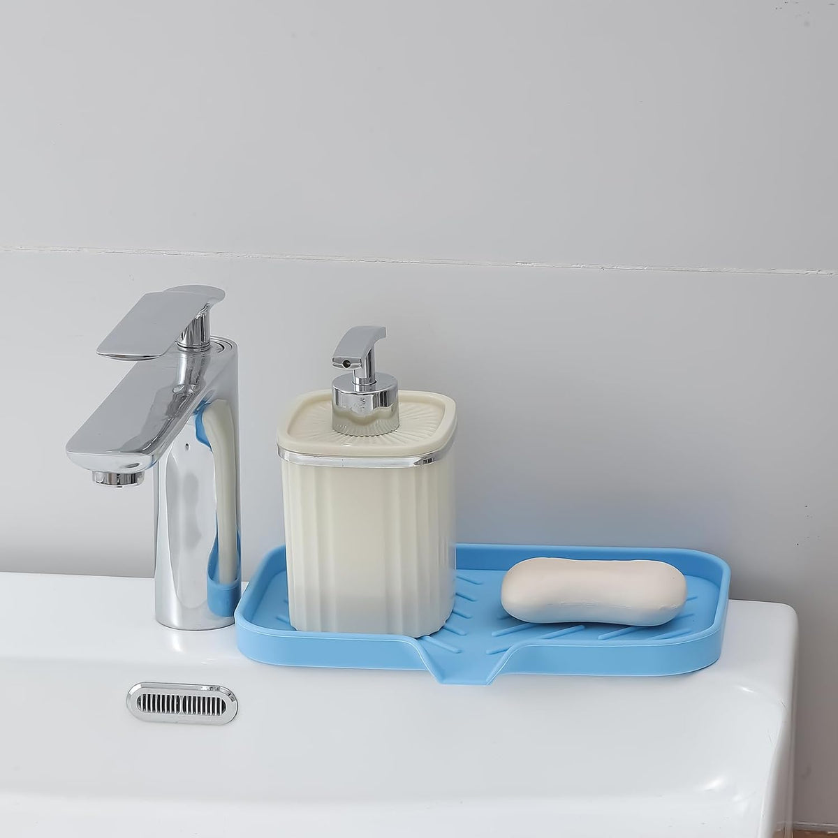 Silicone Bathroom Soap Dishes with Drain Spout-Bathroom and Kitchen Sink Organizer,Sponge Holder,Dish Soap Tray,Perfect for Dispenser,Scrubber,Bottle on Sink or Counter-Light Blue 9.6"Γ5.3"