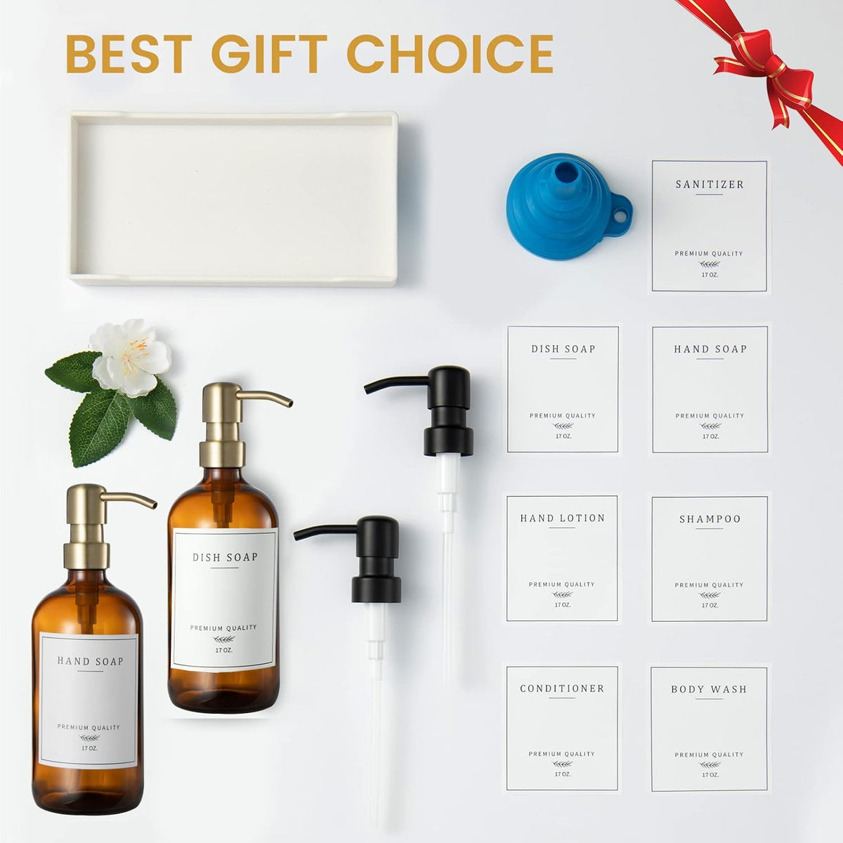 Glass Soap Dispenser for Kitchen Sink,Farmhouse Kitchen Dish Soap Dispenser&Hand Soap Dispenser Set,Rustproof Pump Bathroom Soap Dispenser with Tray,Waterproof Label for Kitchen Decor(Amber