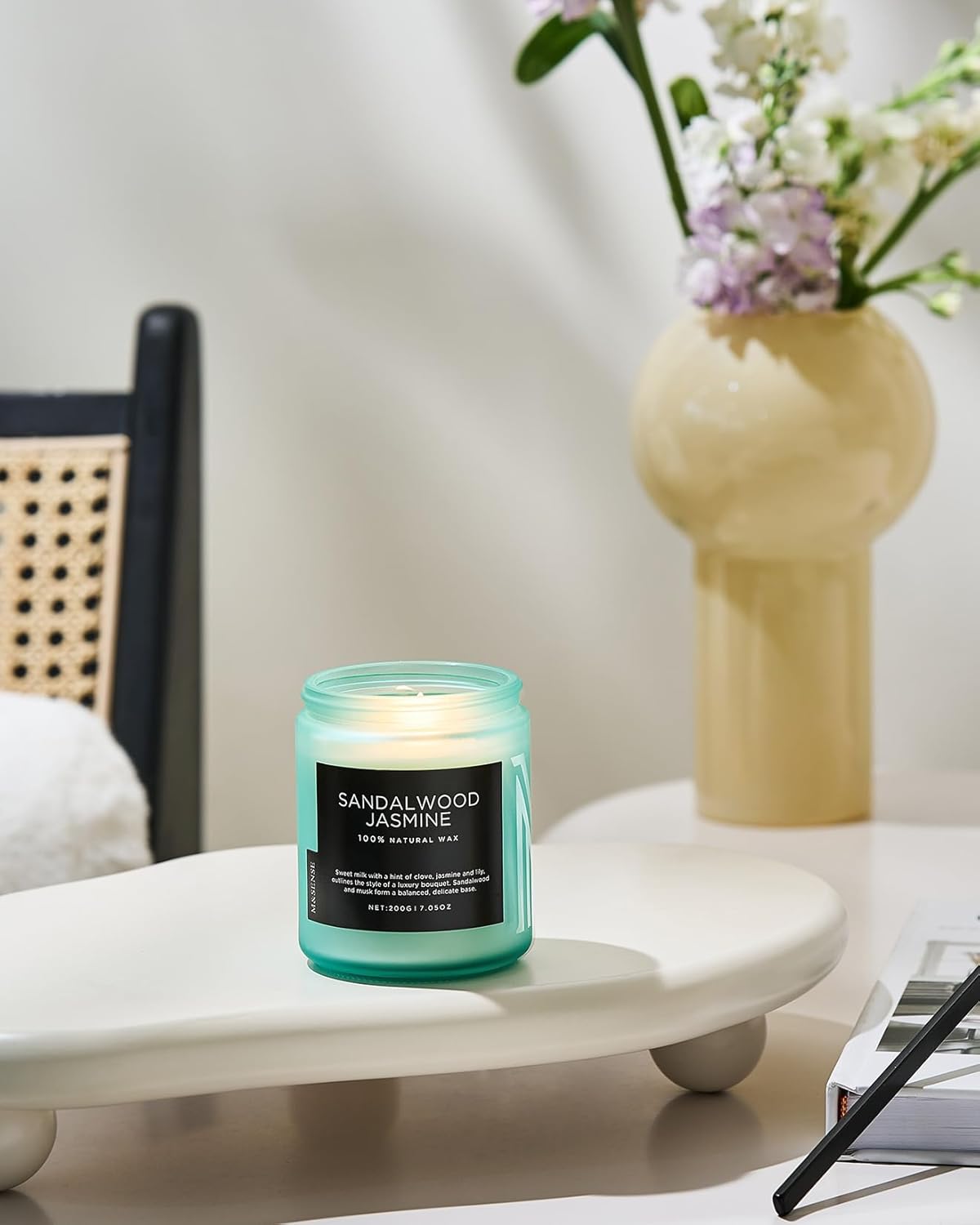 M&SENSE Sandalwood Jasmine Scented Candles, Natural Soy Wax Best Smelling Candle 7.05oz 50 Hour Burning,Floral Non Toxic Single Cotton Wick Aromatherapy Gifts for Women Friend