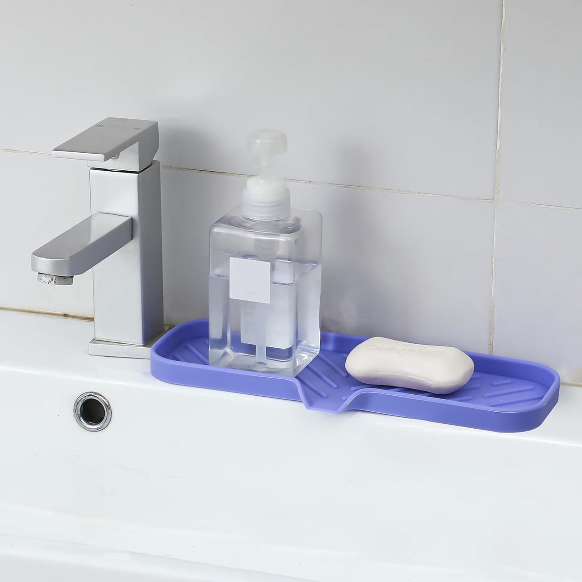 Silicone Bathroom Soap Dishes with Drain Spout-Bathroom and Kitchen Sink Organizer,Sponge Holder,Dish Soap Tray,Perfect for Dispenser,Scrubber,Bottle on Sink or Counter-Light Purple 12"Γ4"