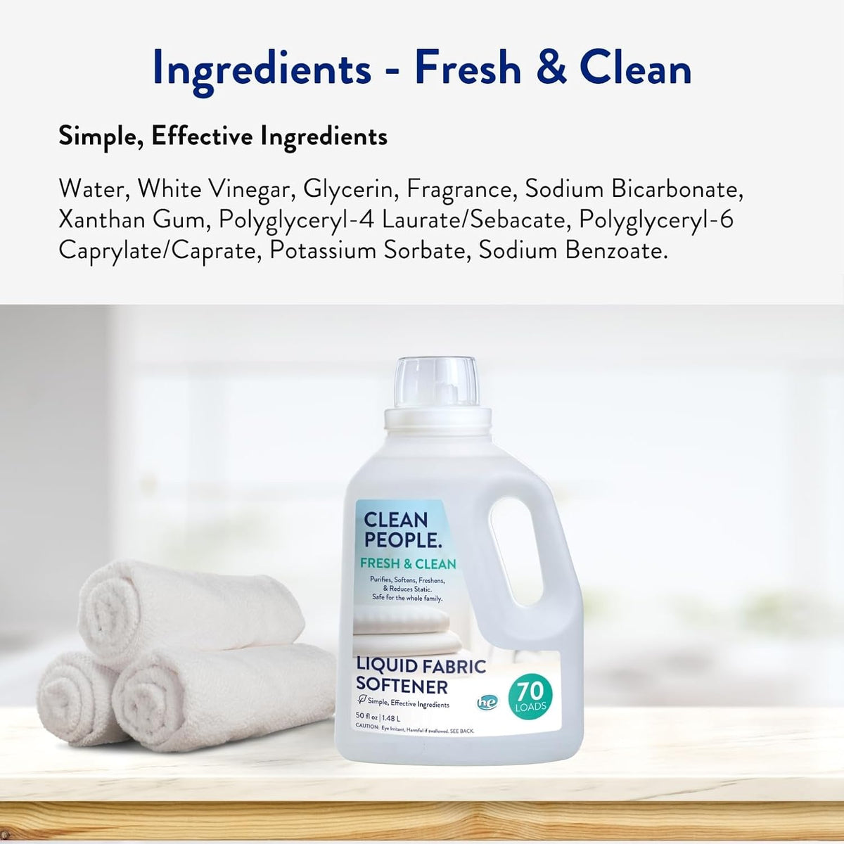 The Clean People Liquid Fabric Softener - Softens & Removes Static Cling - Vegan (50 Fl Oz, Fresh & Clean)