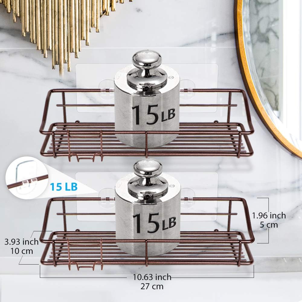 Nieifi Shower Caddy Shelf with Hooks Storage Rack Organizer Adhesive Stainless Steel without Drilling for Bathroom, Lavatory, Washroom, Restroom, Shower, Toilet, Kitchen (Brown, 3 Pack)