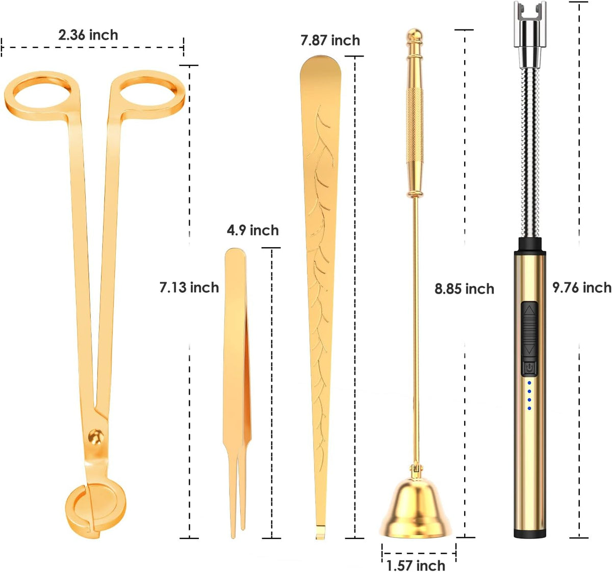 5 in 1 Candle Accessory Set,Candle Wick Trimmer Cutter,Candle Wick Dipper,Candle Wick Snuffer,Rechargeable Candle Lighter,Tweezers,Stainless Steel Candle Care Kit Home Gift for Aromatherapy(Gold)
