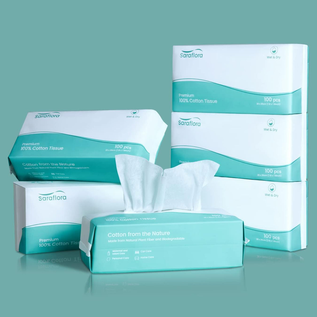 Saraflora 100% Cotton Facial Tissue Soft Dry Wipe 6 Pack, Use for Sensitive Skin Disposable Face Towel Extra Thick Dry and Wet Use Disposable Cotton Tissues for Washing Face Makeup Wipes(600 Count )