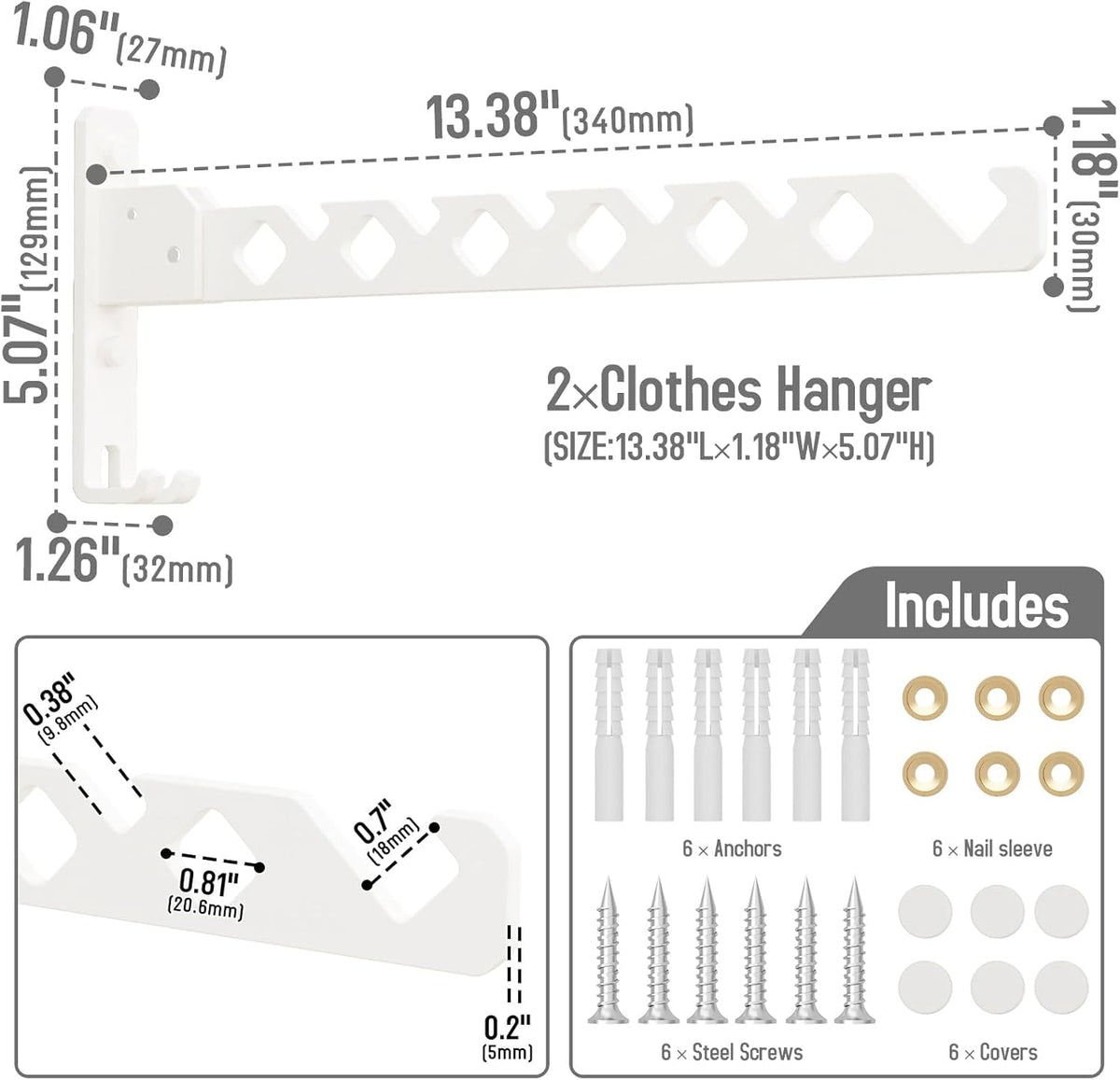 Wall Mounted Clothes Drying Rack, Wall Clothes Hanger Hook for Laundry Room, Clothes Hanger Foldable, Wall Clothes Rack Indoor, Perfect for Small Spaces, White 2 Packs