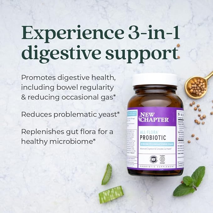 New Chapter Probiotic All-Flora - 60 ct (2 Month Supply) for Advanced Digestion & Complete Gut Health with Prebiotics + Postbiotics, Clinically Studied Strains, 100% Vegan, Non-GMO, Shelf Stable