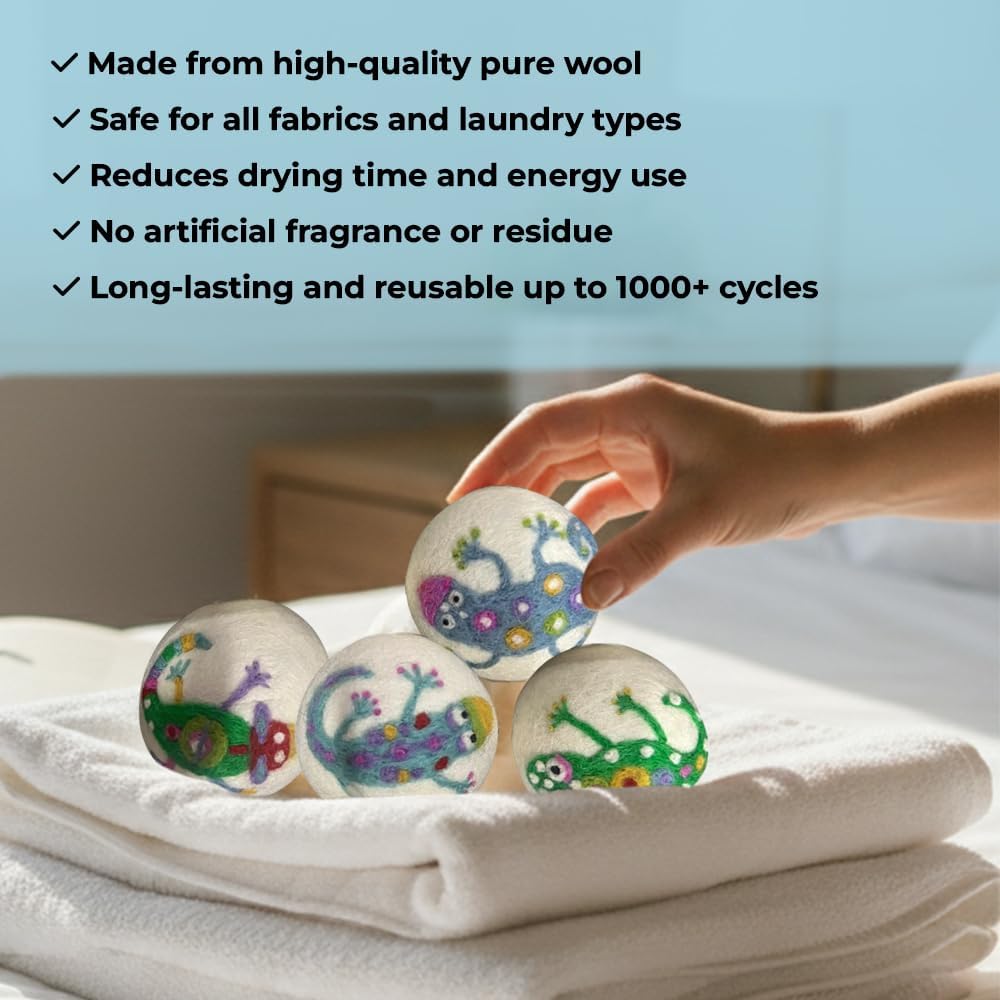 Ezhippie Quality Wool Dryer Balls - 6 XL Lizard Pack - 1000+ Loads - Pure Organic Wool - Reusable Natural Fabric Softener Perfect with Essential Oils, Reduce Clothing Static and Wrinkles