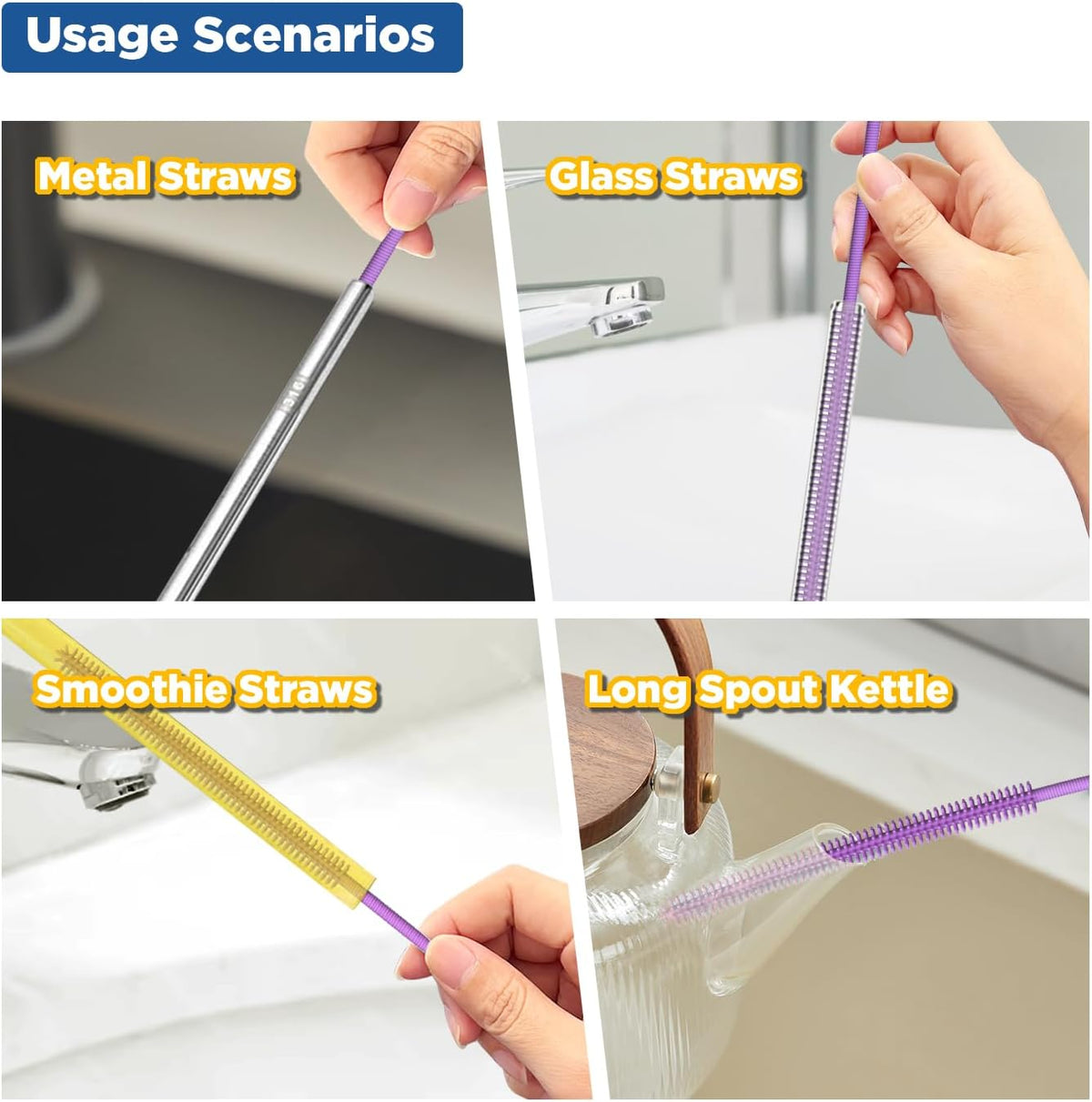 YOTIME Silicone Straw Cleaner Brush, 2Pcs Reusable Straw Brush Extra Long for Cleaning Tumbler with Handle and Glass Metal Smoothie Straws, Non-slip Handle Soft and Bendable, 6mm+9mm, Purple