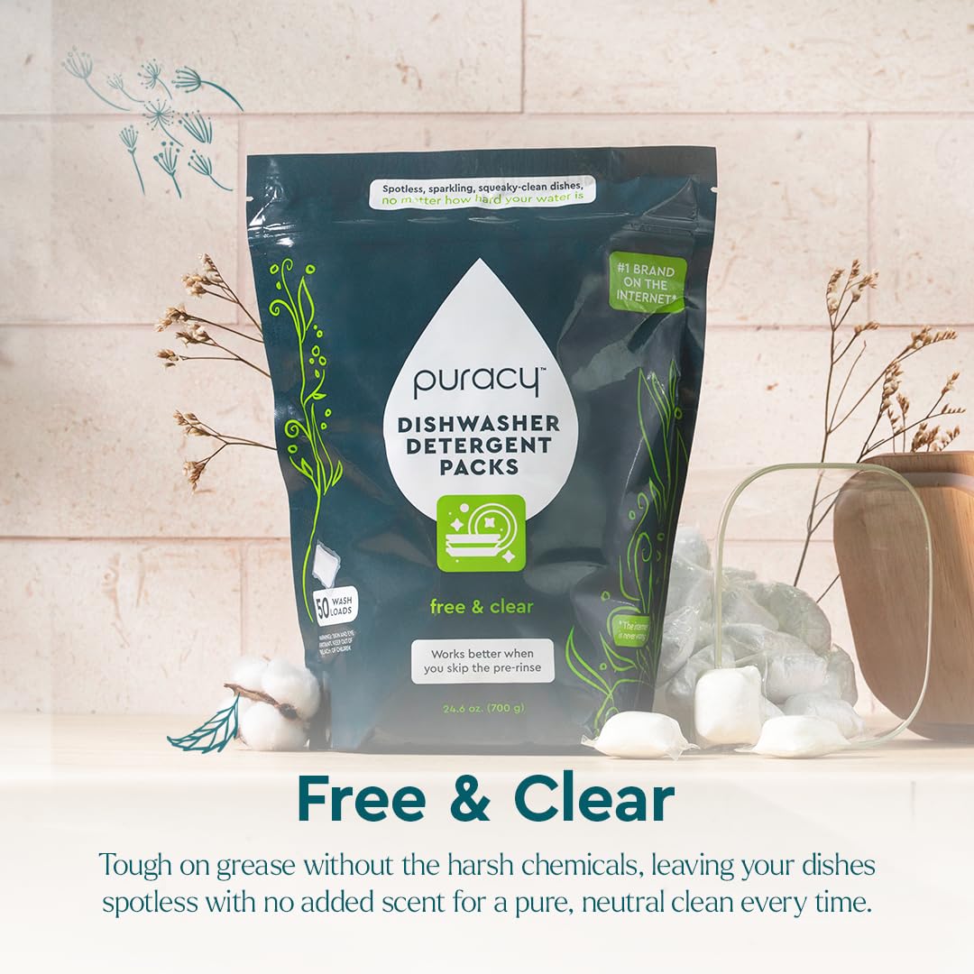 Puracy Dishwasher Pods, Natural Dishwasher Detergent, Free & Clear Dish tabs - Enzyme-Powered, Spot & Residue Free - TikTok Trend Items, Must Haves from TikTok Made Me Buy It (Free & Clear, 100 Count)