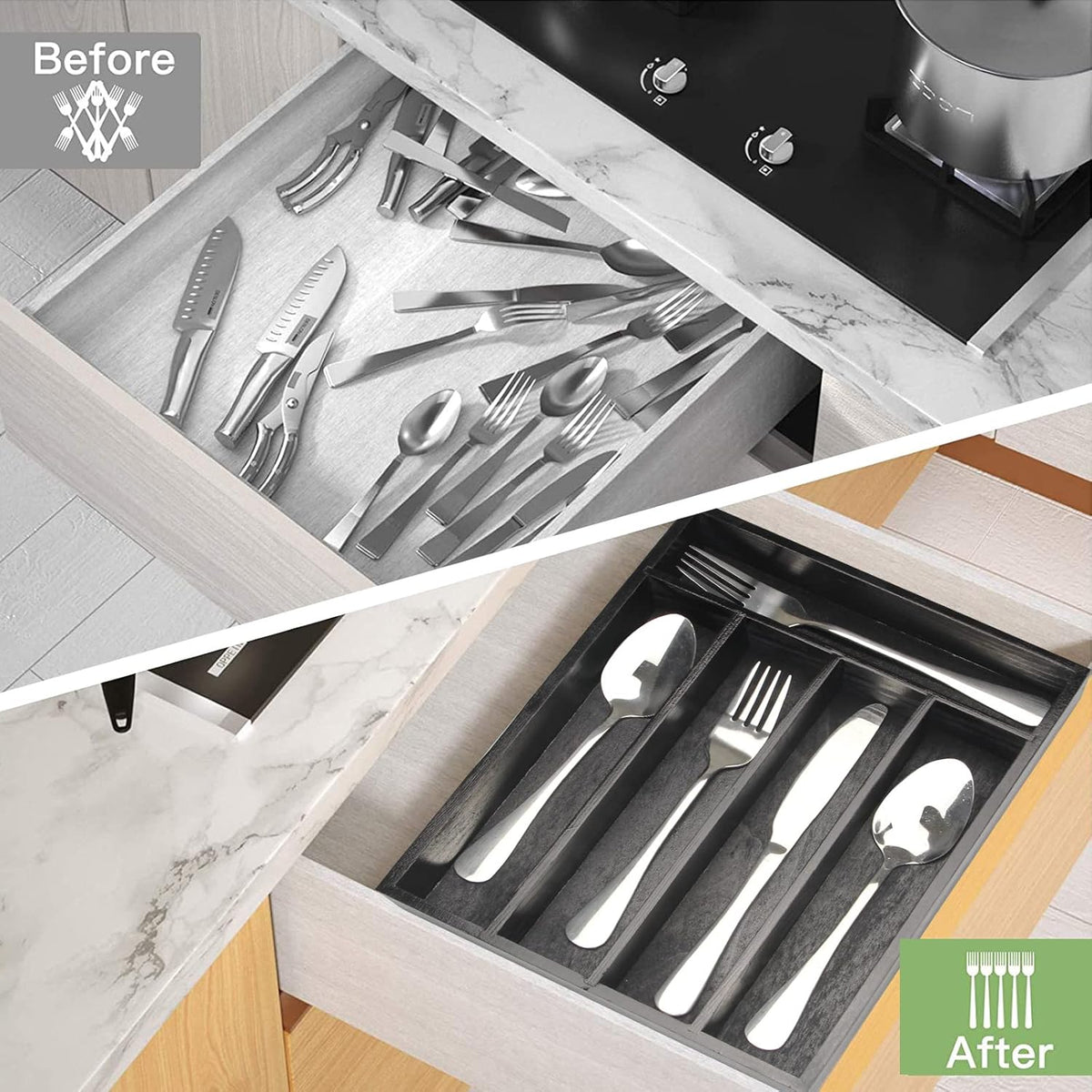 Small Kitchen Utensil Organizer Wooden Cutlery Tray Narrow Wood Silverware Holder Drawer Divider Flatware Organizer Storage Silverware Utensils Tray Black Bamboo Spoon Cutlery Organizer for Drawer