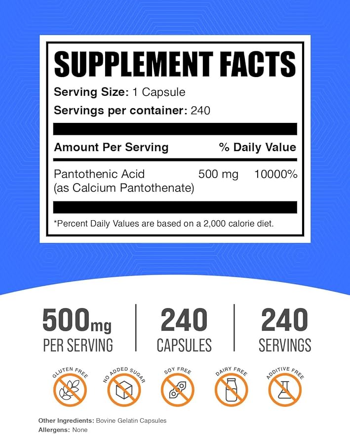 BulkSupplements.com Vitamin B5 Capsules - as Pantothenic Acid, B Vitamin Supplement, Pantothenic Acid 500 mg - Gluten Free, 1 Capsule per Serving, 240 Capsules (Pack of 1)