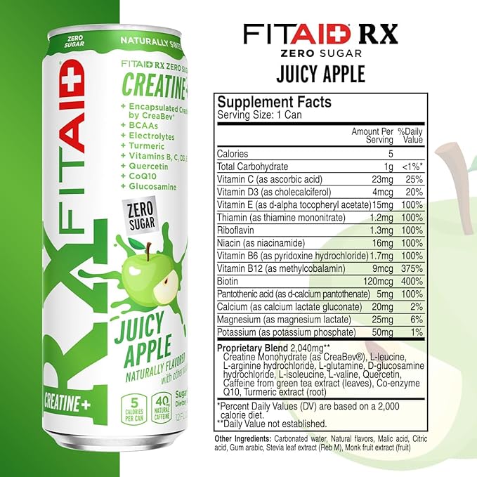 FITAID RX Zero Sugar, Encapsulated Creatine, Workout Recovery Drink, All-In-One Blend, BCAAs, Glucosamine, Turmeric, B-Complex, Naturally Sweetened, Juicy Apple, 12 Fl Oz (Pack of 12)