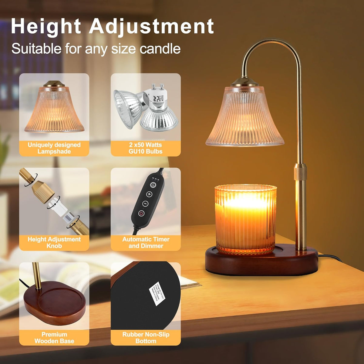 Candle Warmer Lamp,Candle Warmer lamp with Timer for Jar Candles with 2 Bulbs,Decor Mom Christmas Birthday Gifts for Women,House Warming Gifts New Home Bedroom Decor,Striped Gold