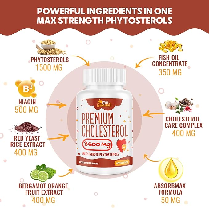 3600 MG Cholesterol Supplements with Plant Sterols, Niacin, Red Yeast Rice, Citrus Bergamot, Garlic, Cholesterol Supplement Support Normal Cholesterol Levels, 90 Softgels