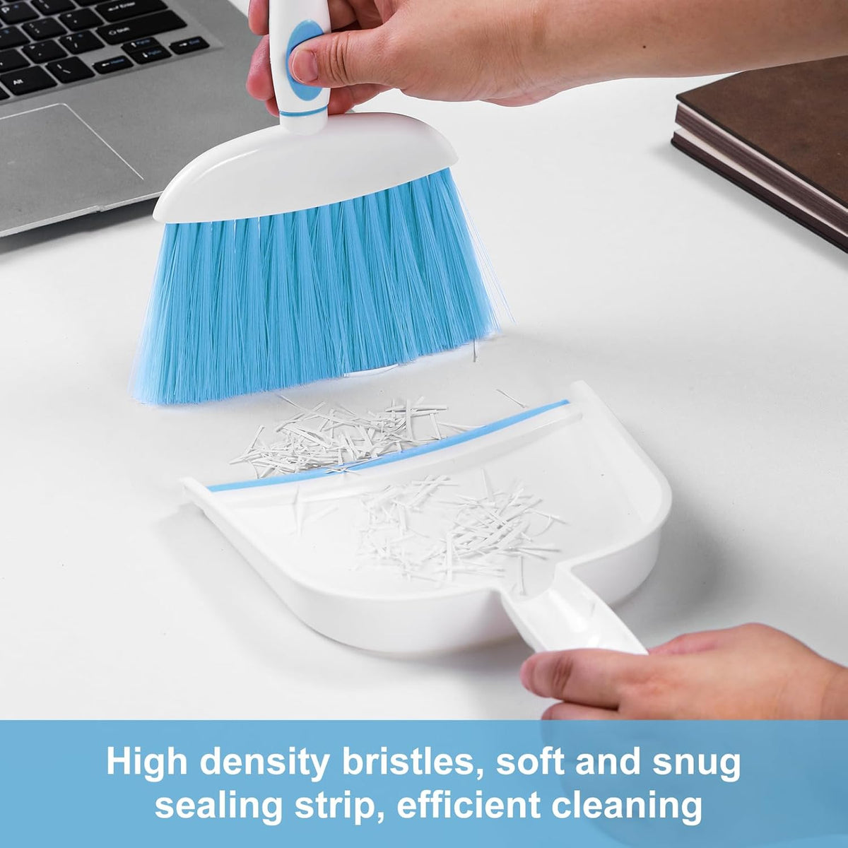 NACENA Small Dust Pan and Brush Set, Mini Broom and Dustpan Set Small Hand Broom and Brush Combo Dust Pan with Teeth for Home Cleaning Drawers Desktop Sofas Pet Care and Outdoor, Dark & Blue