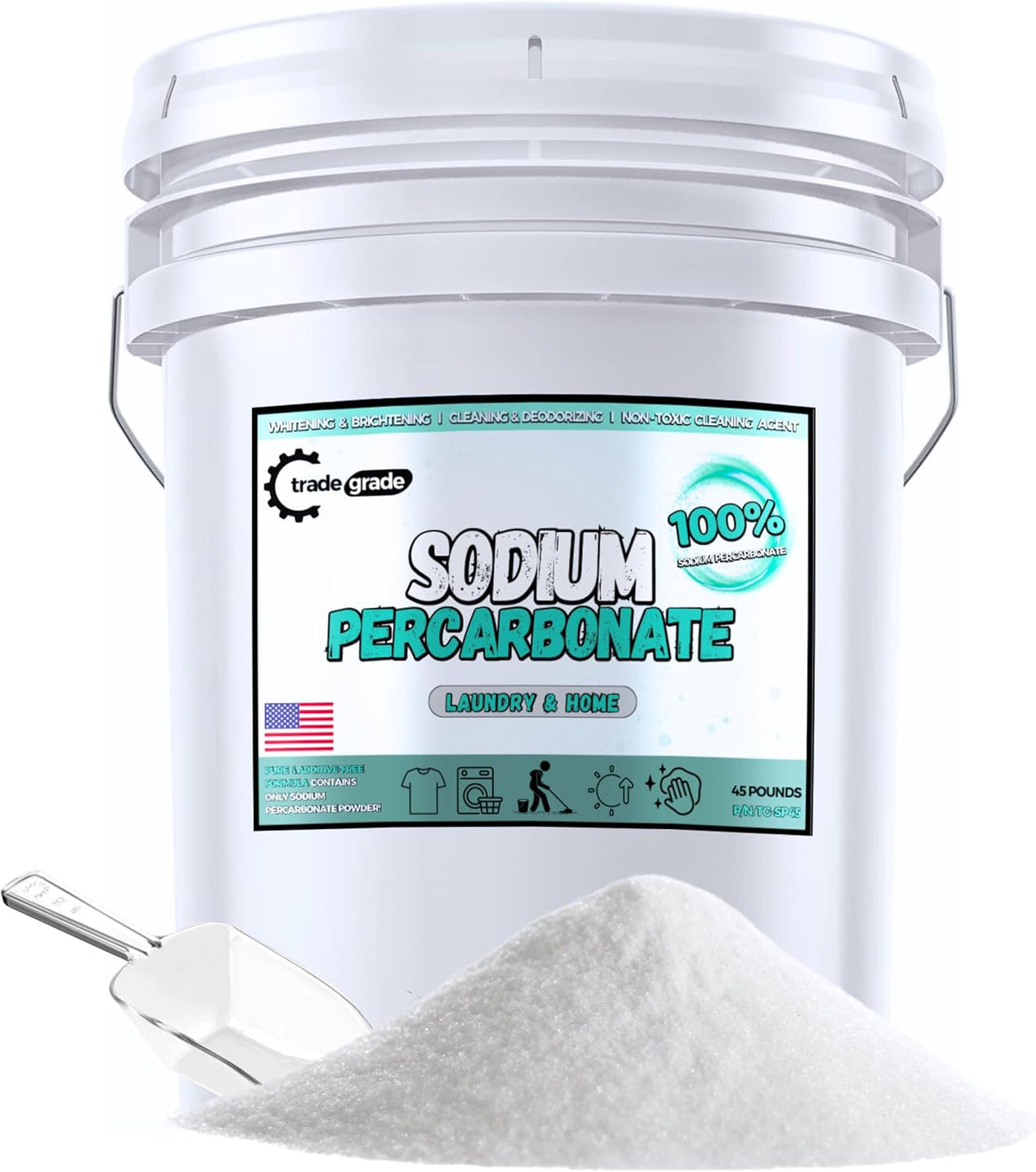 TradeGrade Sodium Percarbonate Powder – Oxygen Bleach Powder for Laundry, Home & Outdoor Cleaning – Unscented Multi-Purpose Cleaner and Stain Remover in Resealable Bucket (720 Ounce)