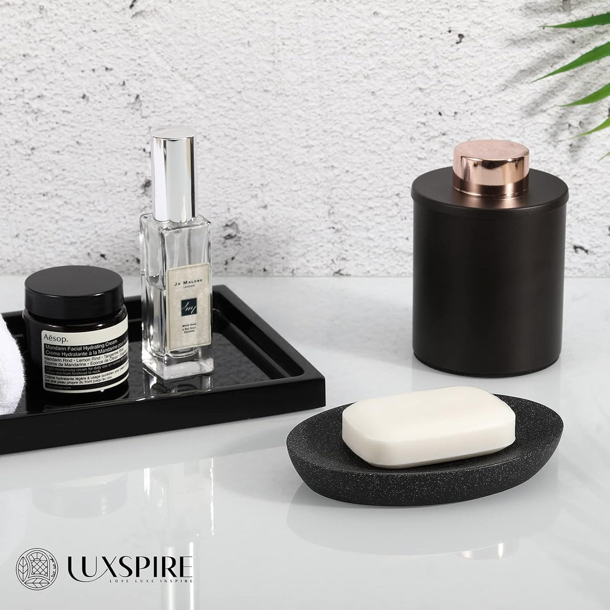 Luxspire Soap Dish, Resin Soap Tray Soap Holder Container Box, Marble Pattern Oval Soap Plate Case, Sponge Dish Scrubbers Tray Holder for Bathroom Vanity Shower Kitchen Sink Counter Top, Gravel Black