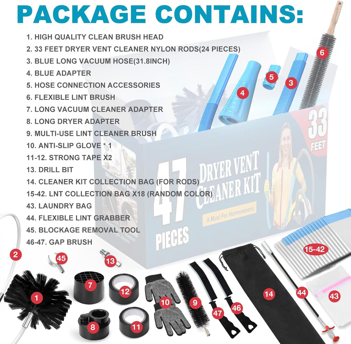 Sealegend 47-Pieces 33-Feet Dryer Vent Cleaner Kit, Dryer Cleaning Tools, Include Omnidirectional Blue Dryer Lint Vacuum Attachment, Dryer Vent Brush, Universal Vacuum & Dryer Adapters