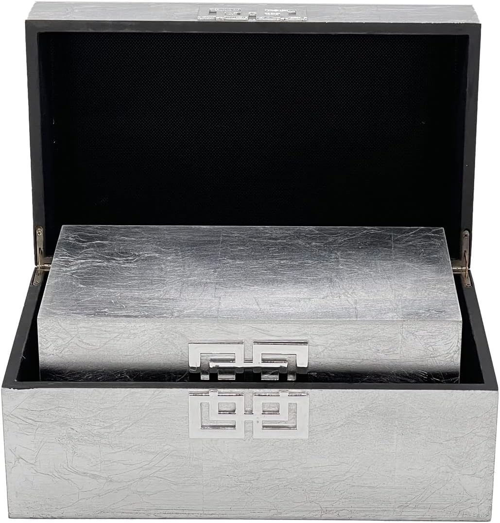 Galt International Storage Box Set Decorative Storage Box w/Hinged Lid Classic Design Wood Decor Boxes with Geometric Clasp Storage for Bedroom & Home - Set of 2 (Silver)