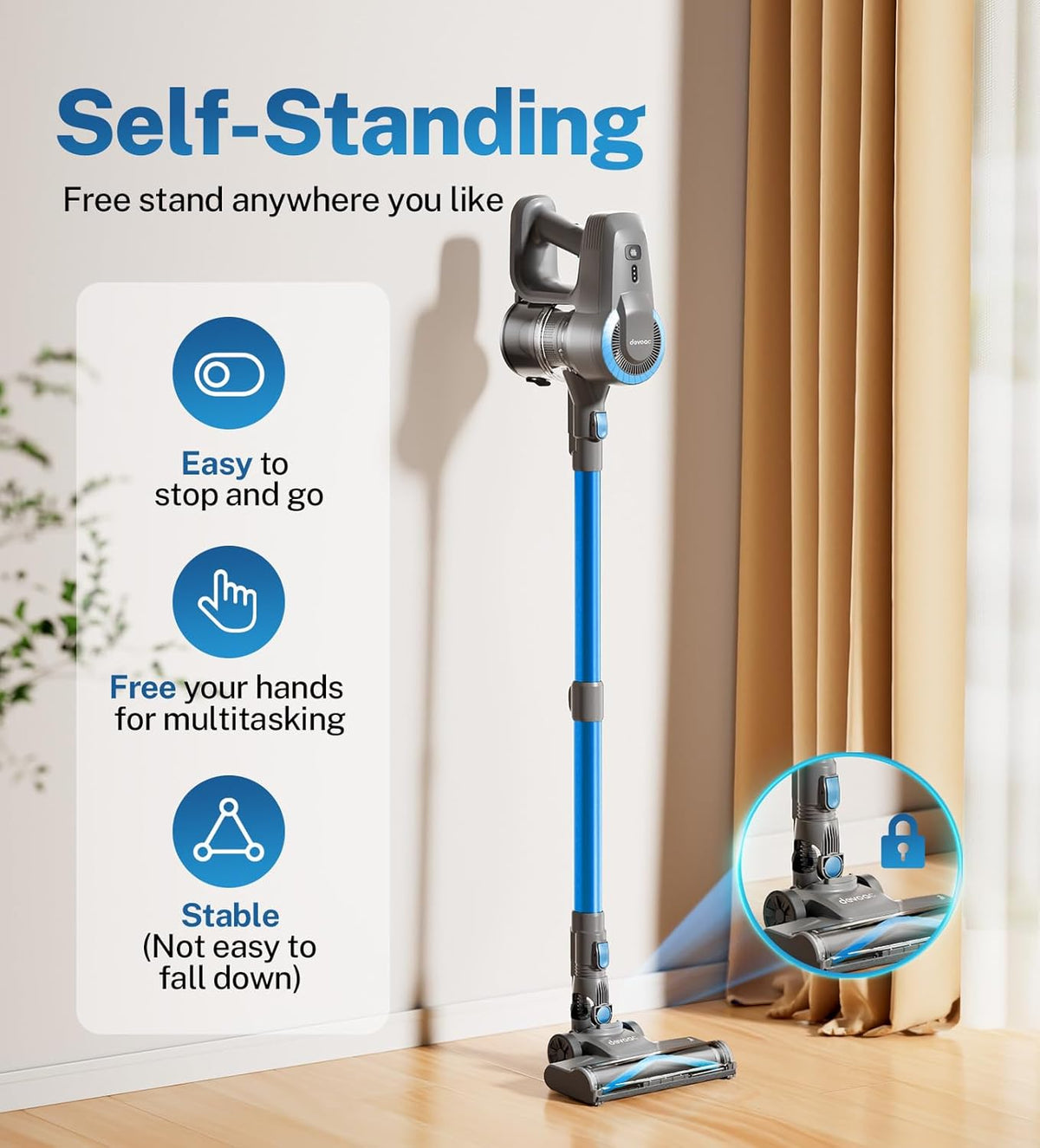 DEVOAC Cordless Vacuum Cleaner, Ultra-Lightweight Stick Vacuum, 2200mAh Battery Up to 40mins Runtime, 6 in 1 Powerful Handheld Vacuum for Home Hard Floor Carpet Pet Hair (Sky)
