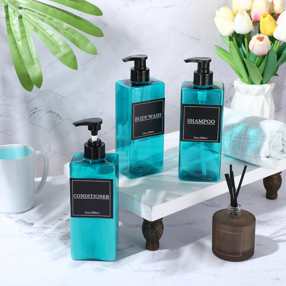 Tanlade 6 Pieces Shampoo and Conditioner Dispenser Bottles 16oz Modern Shower Soap Bottles with Pump, Labels and Marker Pen Easy to Refill Body Wash Dispensers for Home Bathroom Decoration