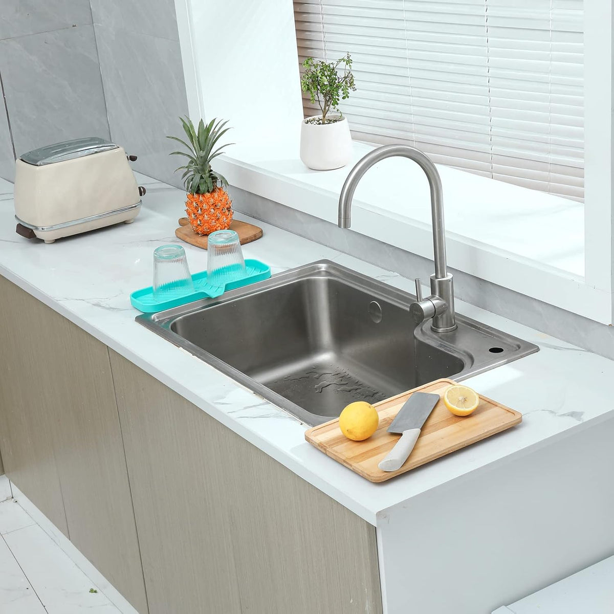 Silicone Bathroom Soap Dishes with Drain Spout-Bathroom and Kitchen Sink Organizer,Sponge Holder,Dish Soap Tray,Perfect for Dispenser,Scrubber,Bottle,Cup on Sink or Counter-Mint 12"Γ4"