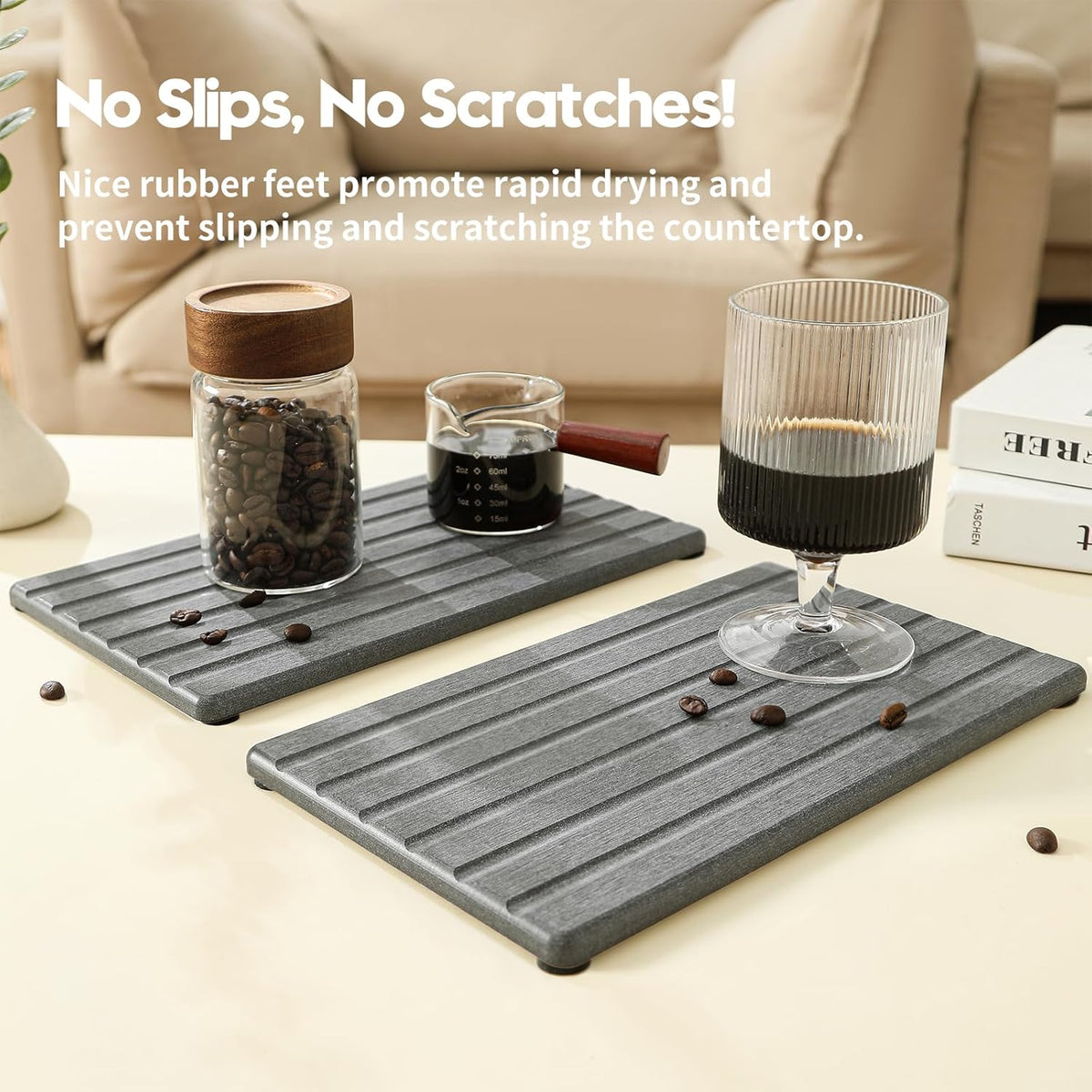 2PCS Water Absorbing Stone Drying Tray Mat for Bathroom Sink & Kitchen Counter Organizer, Quick Dry Dish Soap Dispenser Sponge Holder, Vanity Sink Caddy, Coaster, Dark Gray - 10" x 6"