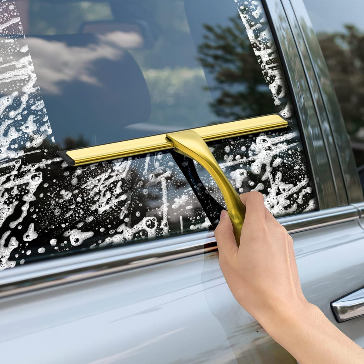 All-Purpose Stainless Steel Shower Squeegee for Shower Doors with 2 Adhesive Hooks, Bathroom Cleaner Tool Household Window Mirror Squeegee for Home Cleaning, Glass Door, Tile Wall, Car, 10 Inch Golden