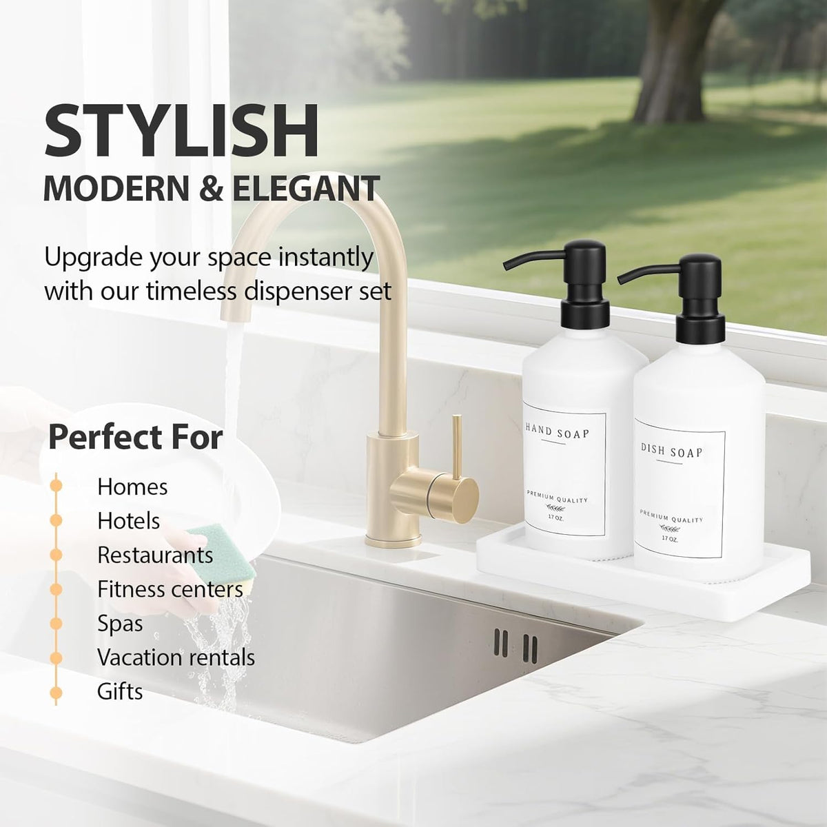 White Glass Kitchen Soap Dispenser Set, 17 OZ Hand and Dish Soap Dispenser Set with Rustproof Stainless Pump, 14 Waterproof Labels, Non-Slip Tray, Modern Bathroom Accessories(White Bottle/Black Pump)