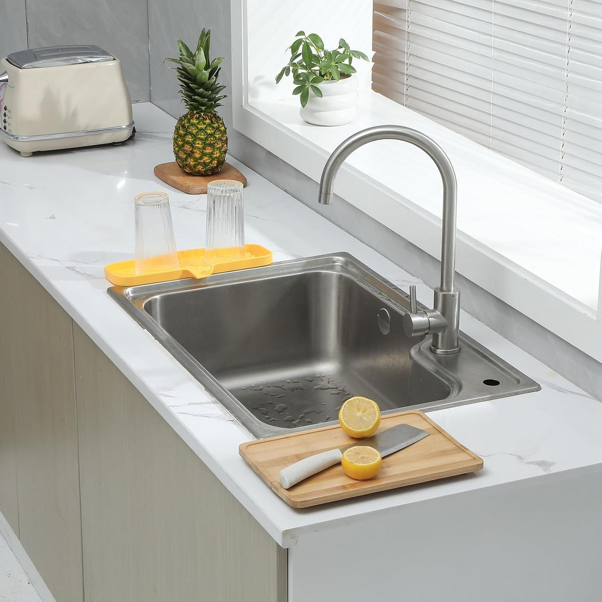 Silicone Bathroom Soap Dishes with Drain Spout-Bathroom and Kitchen Sink Organizer,Sponge Holder,Dish Soap Tray,Perfect for Dispenser,Scrubber,Bottle,Cup on Sink or Counter-Yellow 12"Γ4"