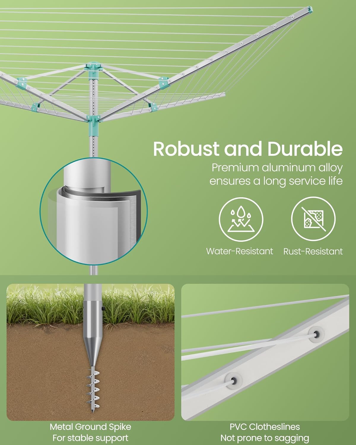 SONGMICS Umbrella Drying Rack, Retractable Outdoor Drying Rack, Height Adjustable, 197 ft Long Clothesline, Holds 6 Laundry Loads, for Garden, with Ground Spike, Cover, Silver and Green ULLR302E01