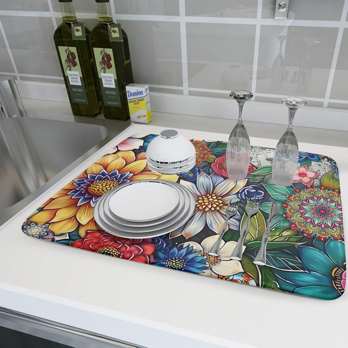 Boho Floral Dish Drying Mat for Kitchen Counter 16x18 Inch Boho Blooming Flower Dishes Pad Super Absorbent Drying Mat Heat Resistant Dish Drying Pad Anti-Slip Dish Mat Fast Dry Kitchen Bar Accessories