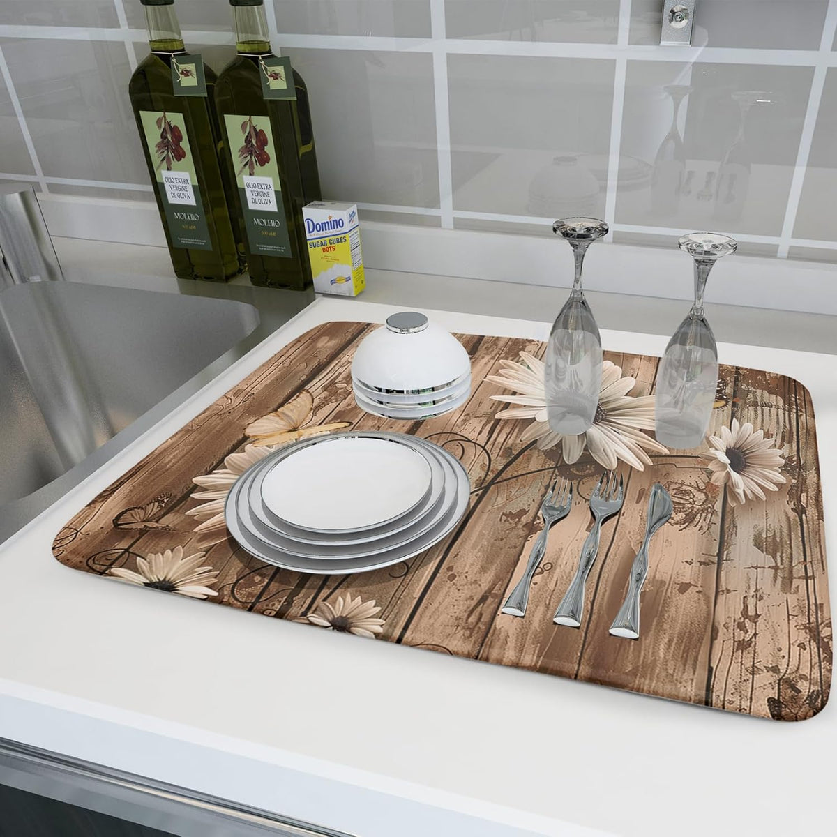 Summer Daisy Flowers Dish Drying Mat for Kitchen Counter 16x18in Rustic Wood Floral Kitchen Mat Daisy Microfiber Absorbent Dish Drainer Mat Fast Dry Kitchen Accessories Dishes Pad for Countertops