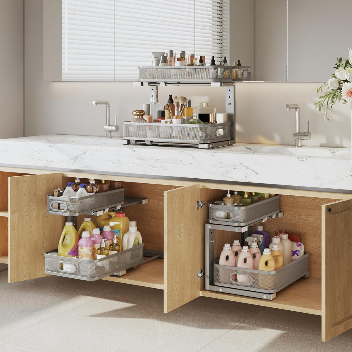 1 Pack 15.7IN-Depth Under Sink Organizer With Smooth Cylindrical Rail,2-Tier Pull Out Multi-Purpose Cabinet Storage for Bathroom&Kitchen,Height Adjustable,Rust-resistant Coating-Gun Gray