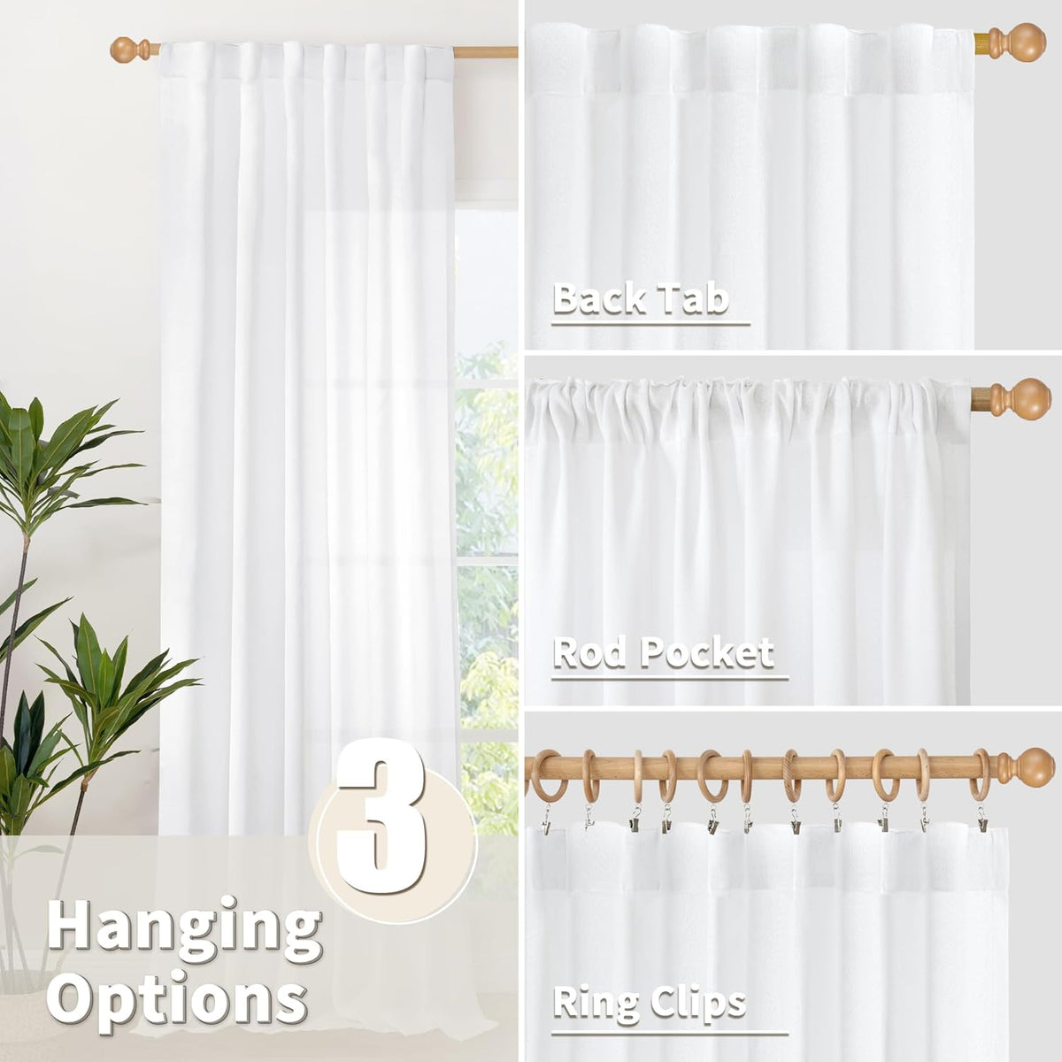 YoungsTex 63 Inch Length White Linen Curtains 2 Panels for Living Room, Light Filtering Drapes Semi Sheer with Rod Pocket Back Tab Lightweight for Bedroom, 52 X 63 Inch