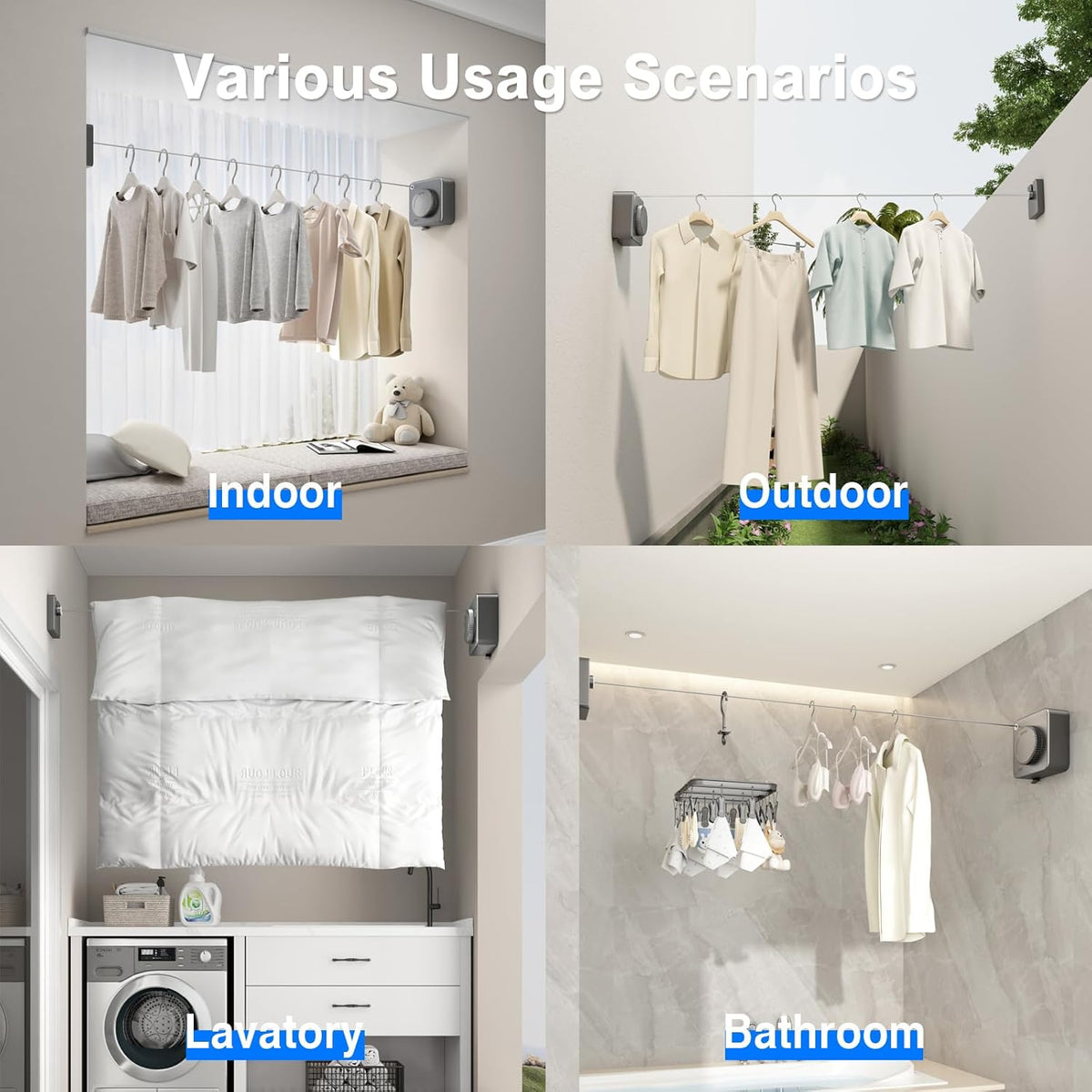 Retractable Clothesline Indoor, Non-Sagging Outdoor Clothes Line Retracting Heavy Duty Clothes Drying Laundry Line Wall Mounted Stainless Steel Line-15.1 Feets(Square-Gray)