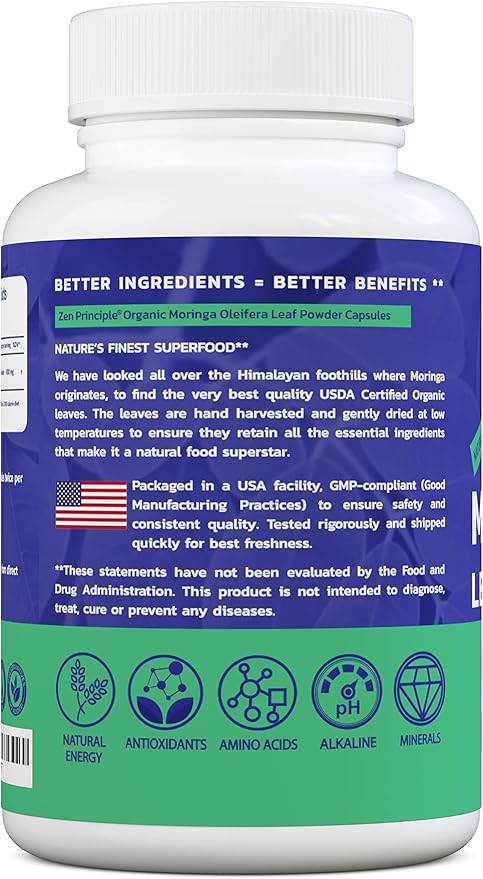 Zen Principle Organic Moringa Oleifera. Ultra-Premium. Provides an All Natural Energy Boost and Multi-Vitamin. A Raw Superfood, Vegan, No GMO and Gluten Free. 360 Capsules.