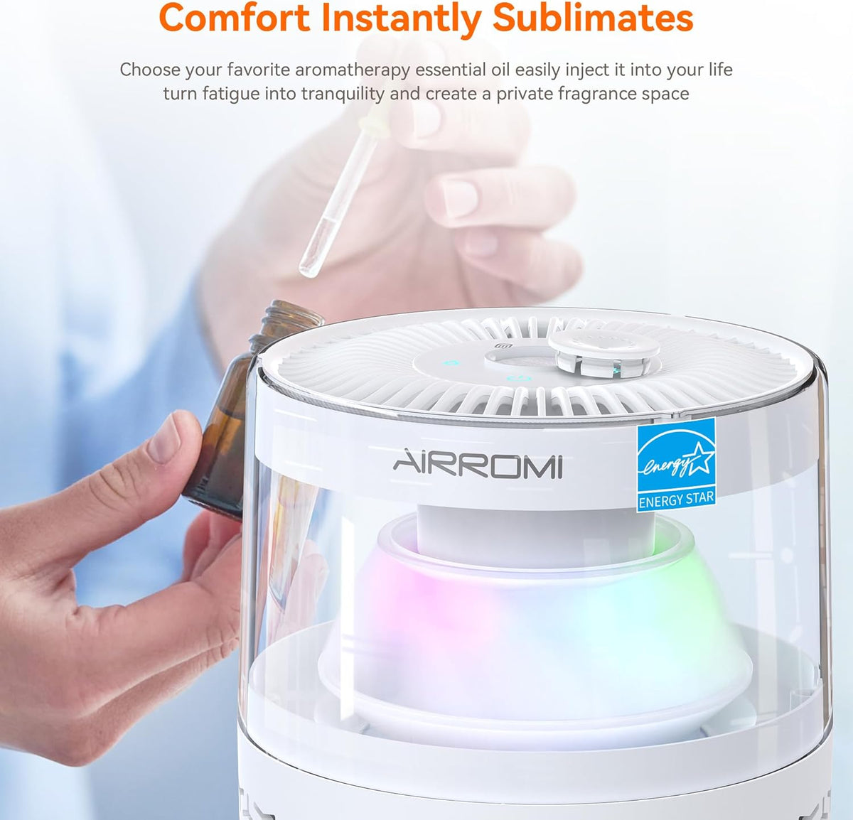 AIRROMI Air Purifiers for Bedroom Home,Up to 658 Ft²,Activated Carbon Filter Cleaner,With Fragrance Sponge for Better Sleep,Night Light,Pet Dander,Allergies,Smoke,Odor,Desktop Air Cleaner A2002 White