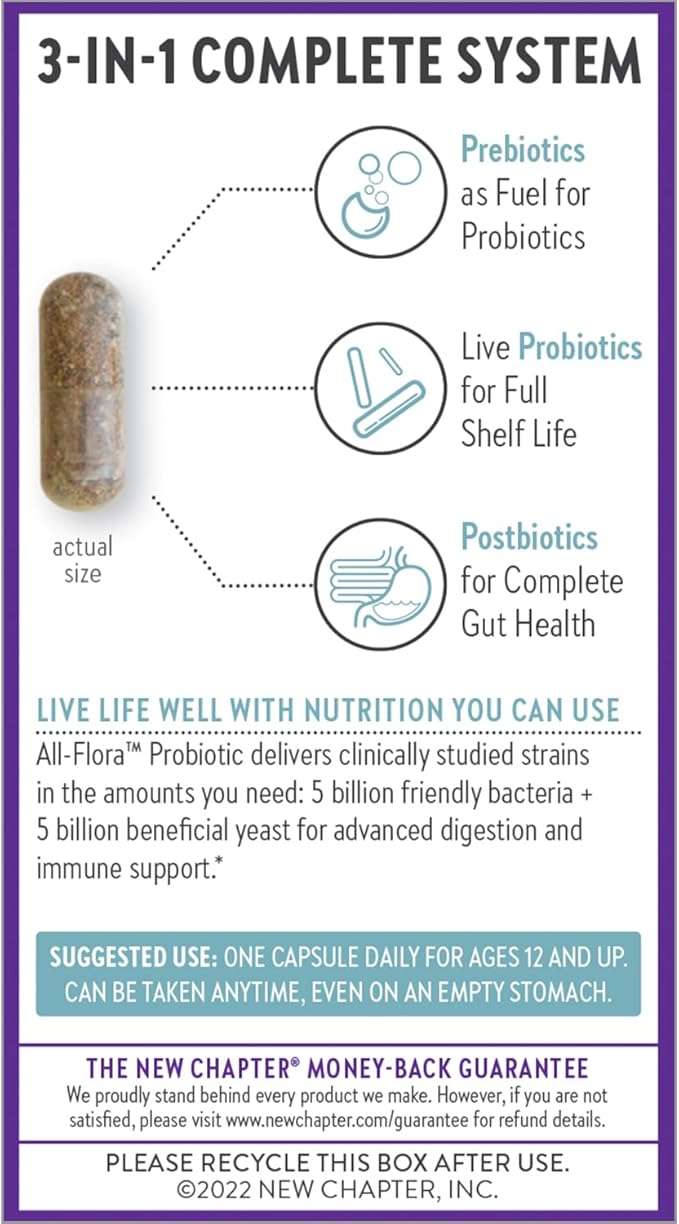 New Chapter Probiotic All-Flora - 60 ct (2 Month Supply) for Advanced Digestion & Complete Gut Health with Prebiotics + Postbiotics, Clinically Studied Strains, 100% Vegan, Non-GMO, Shelf Stable
