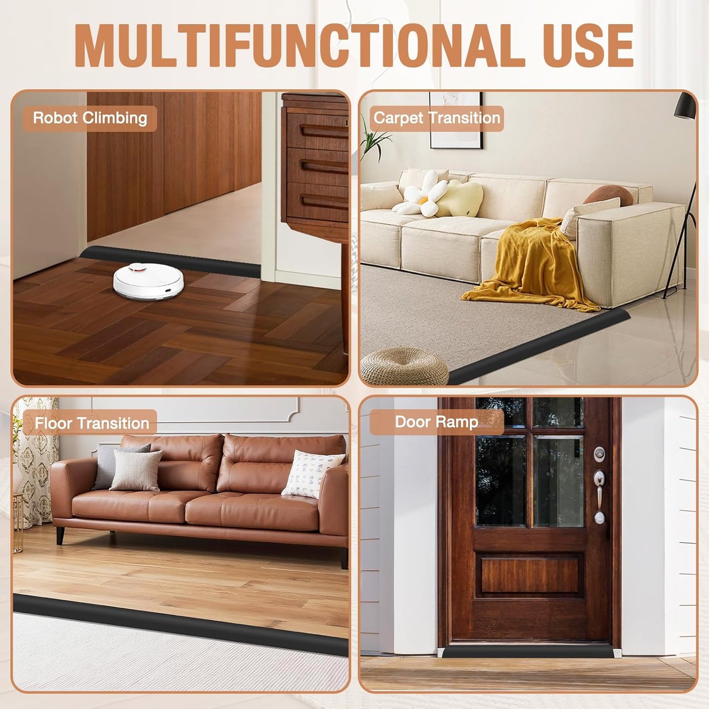 Floor Transition Strip Self Adhesive Vinyl Door Threshold for Doorways Carpet Edging Trim Overlap Edge Reducer for Laminate Floor, Carpet, Tile (Black, 2/5" to 3/5", 3.3Ft)