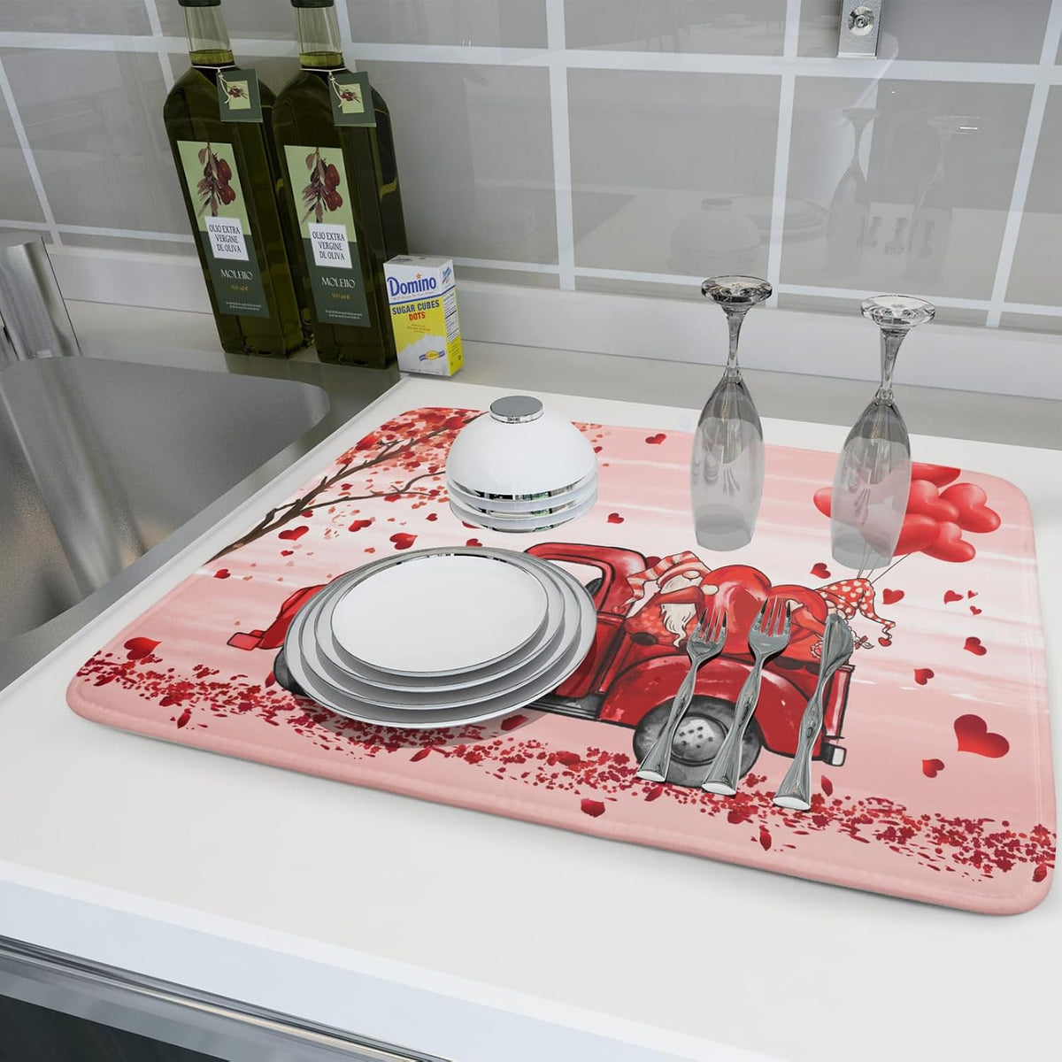 Valentine's Day Dish Drying Mats for Kitchen Counter, Happy Valentine's Day Dish Mat Absorbent Reversible Microfiber Dish Drying Pad Love Kitche Mat Dish Drainer Rack Mats for Coffee Bar 18"x24"