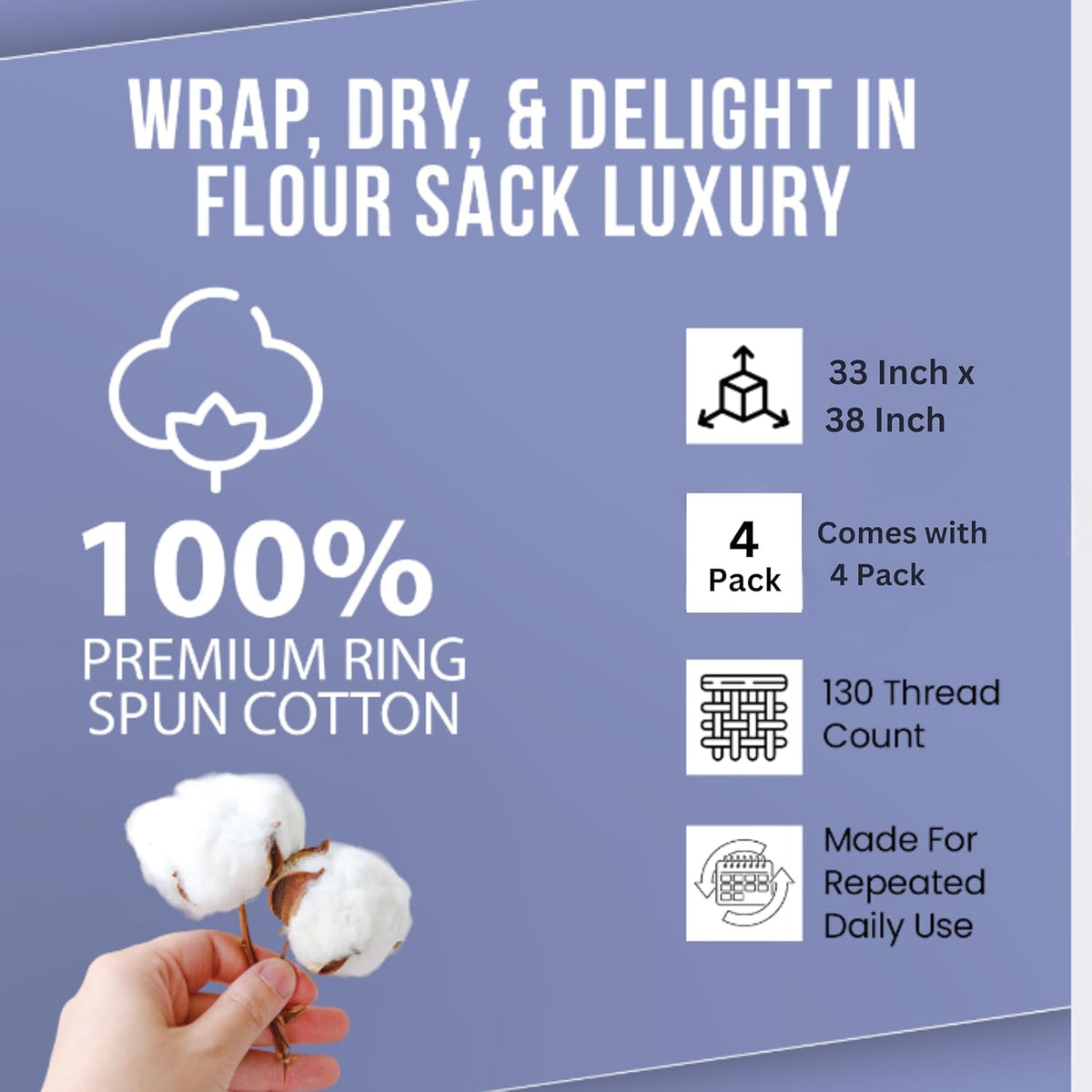 WHITEWRAP Flour Sack Towels| Tea Towel for Crafts| Kitchen Dish Cotton Blank Towel for Embroidery|Baking Bread Proofing Linen Cover| Thick Absorbent Quick Dry| 4 Pack 33"X38" Natural