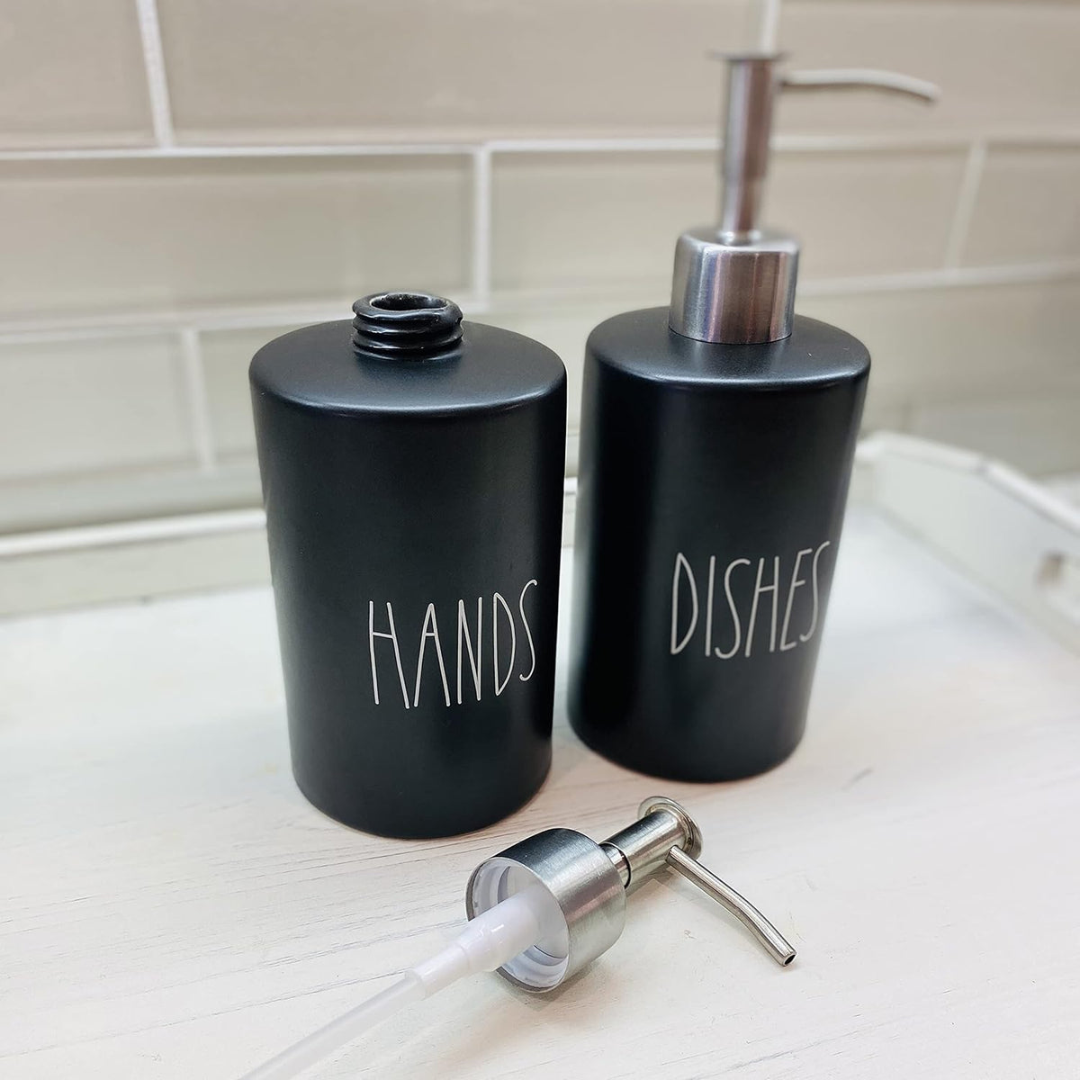Modern Farmhouse Ceramic Dishes and Hands Soap Dispenser Set for Kitchen | Stainless Steel Pumps | 14oz, Black Bottles | Kitchen Décor for Counter