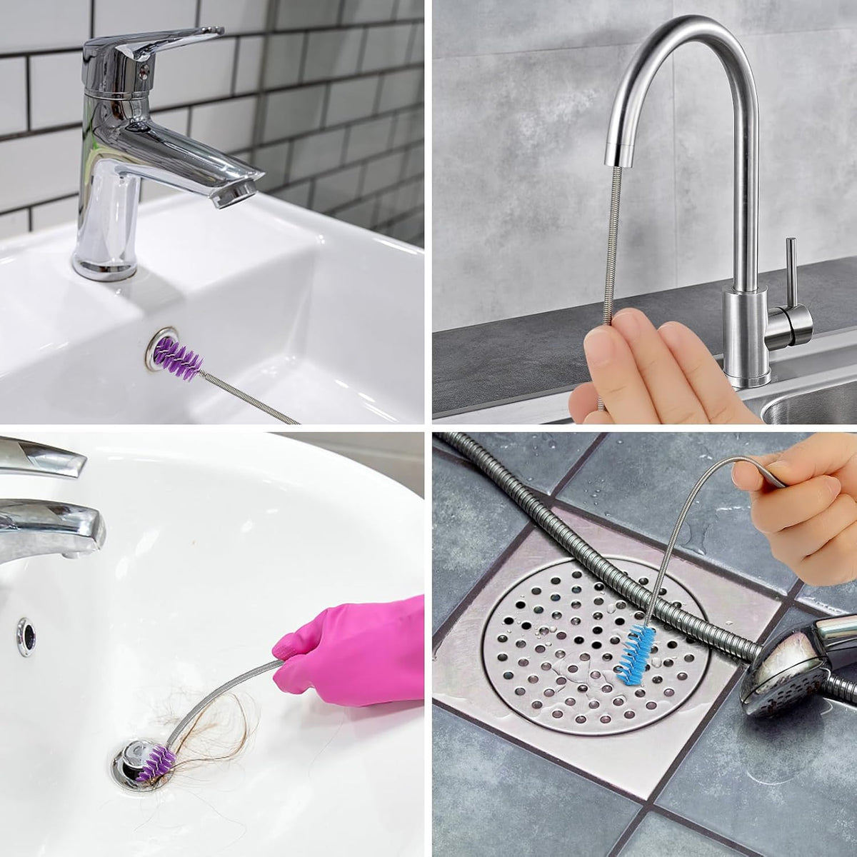 2 Pcs Tube Cleaning Brushes Flexible Long Drain Brush, 67 inch Stainless Steel Double Elastic Cleaner Hose Tube Brush and 4 Pcs 9 inch Straw Cleaning Brush for Bathroom Sink,Shower Brushes.