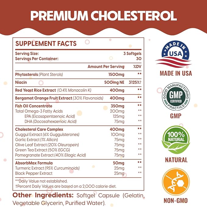 3600 MG Cholesterol Supplements with Plant Sterols, Niacin, Red Yeast Rice, Citrus Bergamot, Garlic, Cholesterol Supplement Support Normal Cholesterol Levels, 540 Softgels